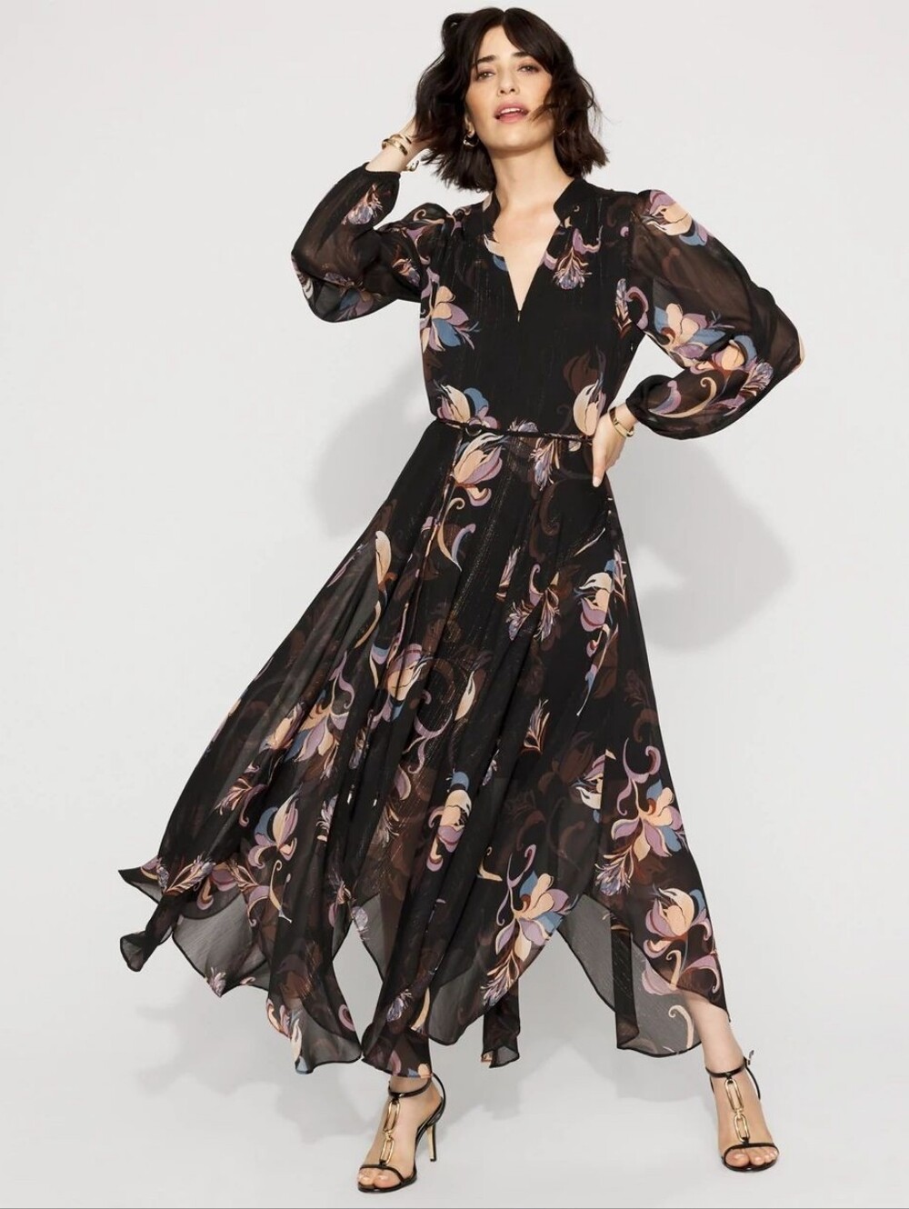 White House Black Market Floral Metallic Chiffon Maxi Dress Size 12